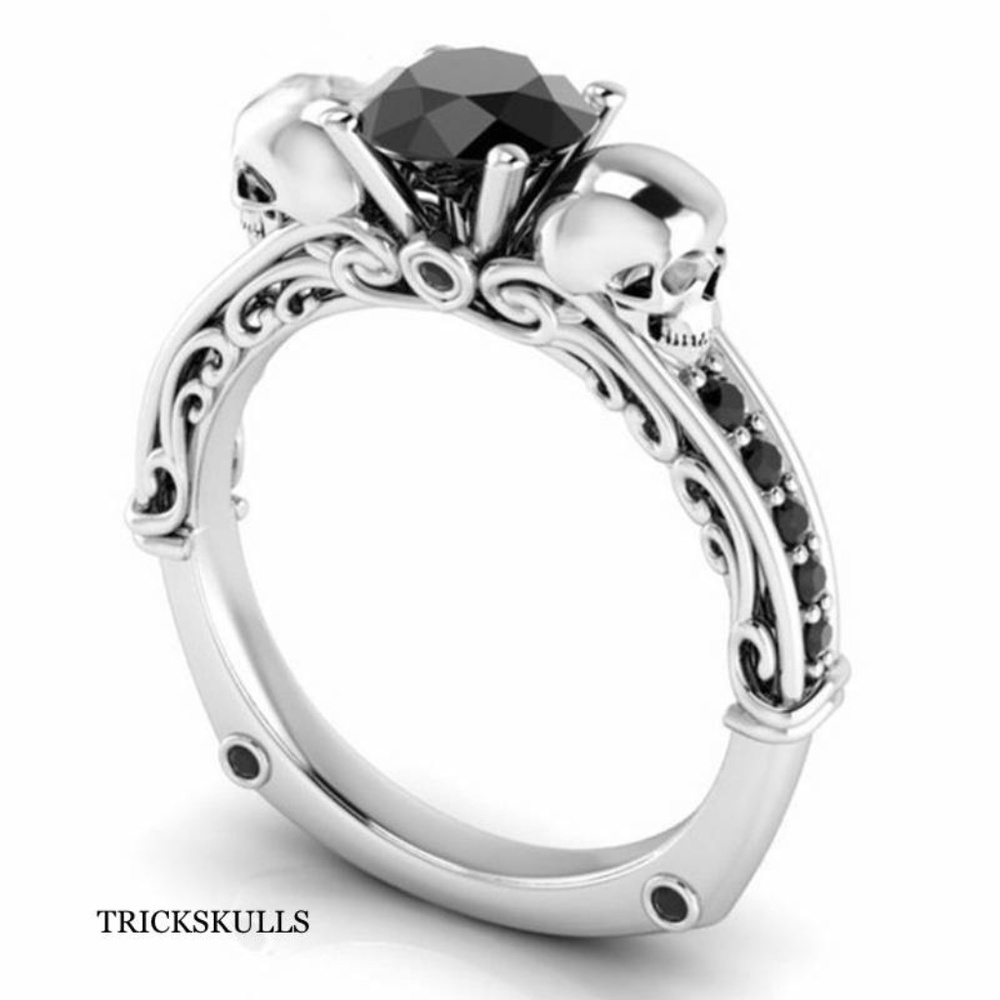Silver Stainless & Black Sapphire Double Skull Ring Modern Vintage 7 8 9 10 New!